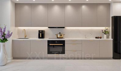 Küchenzeile Linea 340 cm Kaschmir Matt-Soft Close- Premium Box- Einbauküche 3,4 m