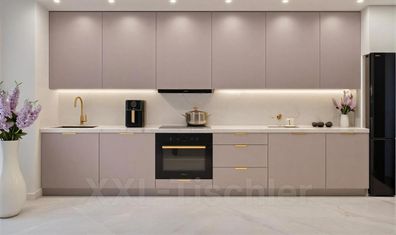 Küchenzeile Linea 340 cm Puderrosa Matt-Soft Close- Premium Box- Einbauküche 3,4m