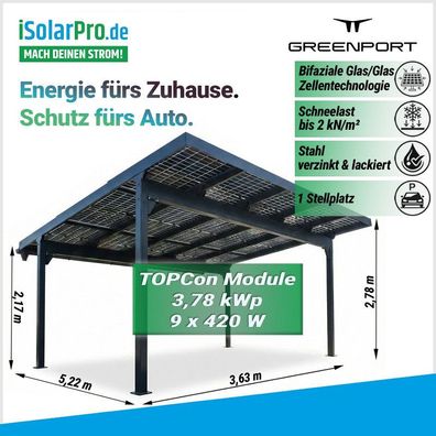 3,78 kW Greenport HOME Solarcarport 1 Stellplatz, 9×420W