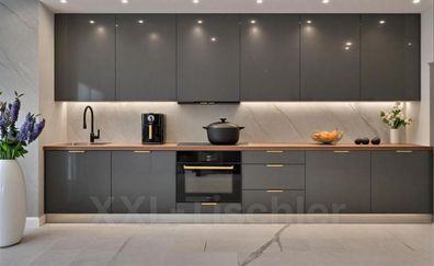 Küchenzeile Linea 360 cm Grau Hochglanz-Soft Close- Premium Box- Einbauküche 3,6m