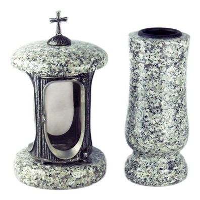 designgrab Grablampe mit Kreuz & runder Granitvase im Set – handgefertigt, wetterfest