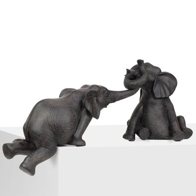 Deko Elefanten Figur Set aus schwarzem Resin - 2er-Set Elefanten-Figuren mit Rüsselsp