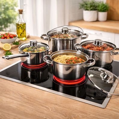 8tlg Edelstahl Kochtöpfe Kochtopfset Induktion Glasdeckel Kochen Küche Essen