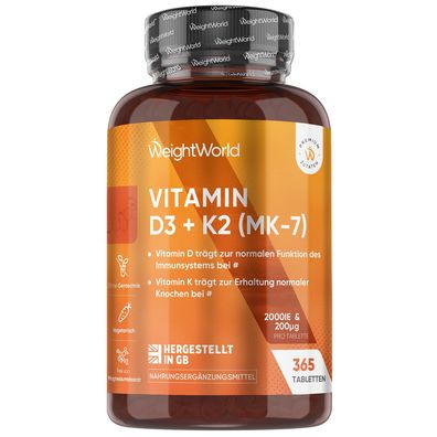 Vitamin D3 K2 2000 IE - 2 Jahr Vorrat - 365 Tabletten mit Vit K2 - 2 Flaschen