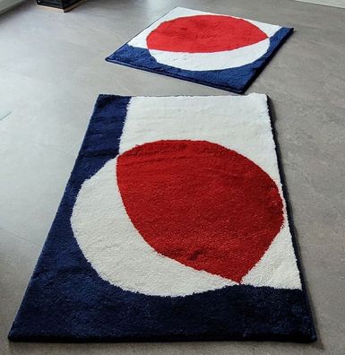 Point Blau/Weiss/Rot Design Badteppich 65x110cm Grafik Vorleger 15mm Florhöhe