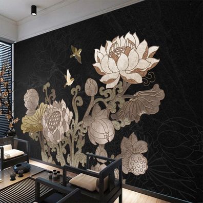 Asiatische Kunsttapete - Gongbi Lotus & Vogelmotiv - Elegante moderne 10175