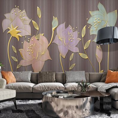 Wandtapete - Goldene Linien & florales Design - Moderner Light?Luxury Stil 10195