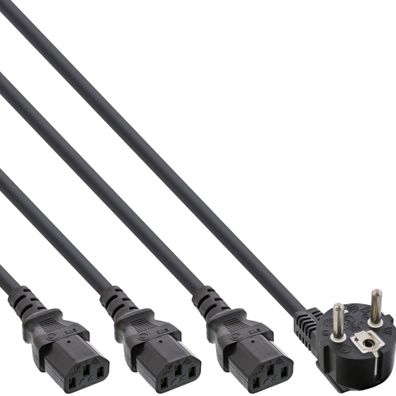 InLine® Netz-Y-Kabel, 1x Schutzkontaktstecker zu 3x Kaltgerätestecker, 3m, schwa