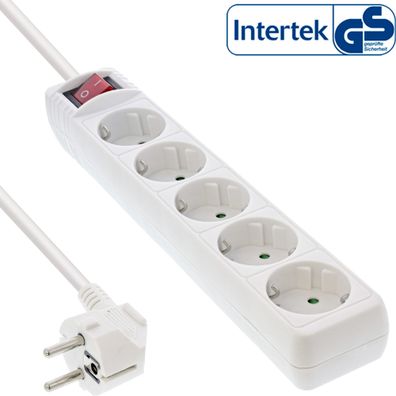 InLine® Steckdosenleiste, 5-fach Schutzkontakt, mit Schalter, 1,5m, weiß, weiß