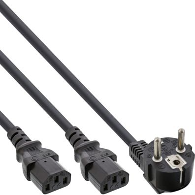 InLine® Netz-Y-Kabel, 1x Schutzkontaktstecker zu 2x Kaltgerätestecker, 3m, schwa