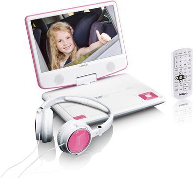 LENCO DVP-910 9Zoll DVD-Player + USB und KfZ-Halterung, pink/weiß