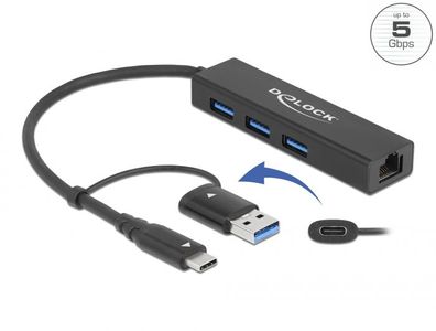 Delock 3 Port USB 3.2 Gen 1 Hub + Gigabit LAN