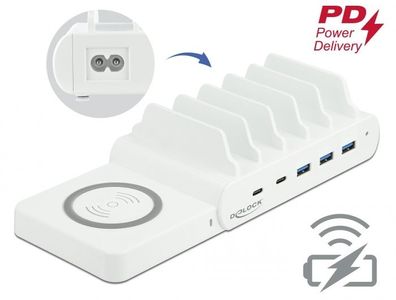 Delock 6 in 1 USB Ladestation mit Wireless Charger 2 x USB-C PD + 3 x USB A mit