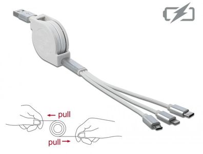 Delock USB 3 in 1 Aufrollladekabel für 8 Pin / Micro USB / USB Type-C? weiß