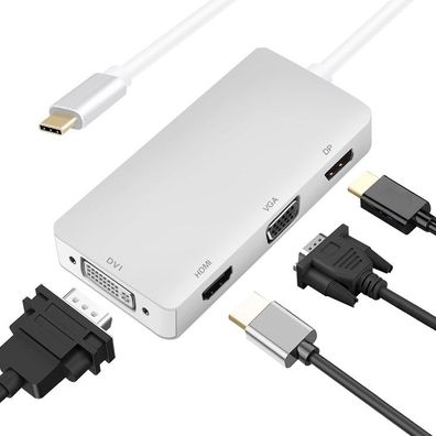 helos HUB, USB 3.1 Type-C? St./DP/HDMI/DVI/VGA Bu, Premium 4K, silber