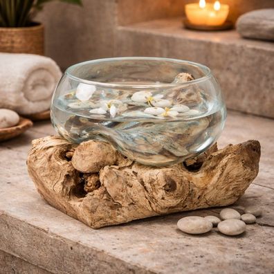 Deko-Glas DROP-1 Natural Teak massiv Natural mundgeblasen Handarbeit Unikat Deko