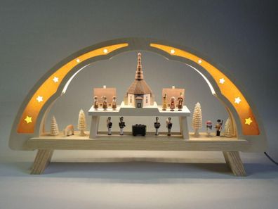 Schwibbogen Seiffener Kirche mit Bergmännern HxB= 31x58cm NEU Lichterbogen Fenste