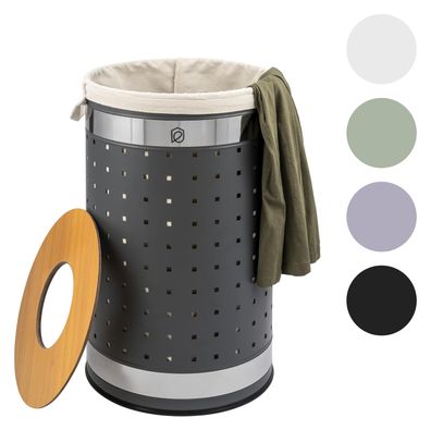 eluno Wäschetonne mit Deckel und Wäschesack rund 50L, aus Metall
