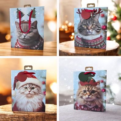 Weihnachten Geschenktasche Tüte Katze mit Weihnachtsmütze 19 x 9 x 23cm rot X-Mas