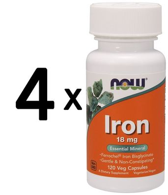 4 x NOW Foods Iron, 18mg - 120 vcaps