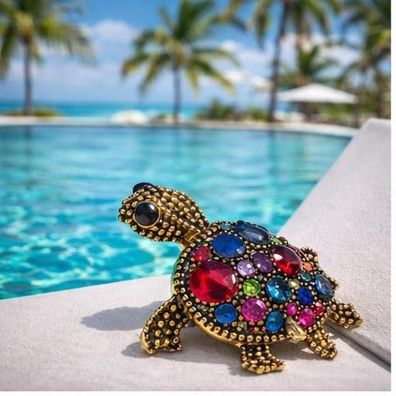 Vintage Emaille Brosche farbenfrohe Schildkröte mit bunten Strasssteinen