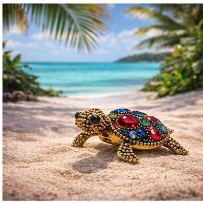 Vintage Emaille Brosche farbenfrohe Schildkröte mit bunten Strasssteinen