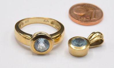 Aquamarin Topas Set Anhänger Ring 333 Gold Neu wertig massiv