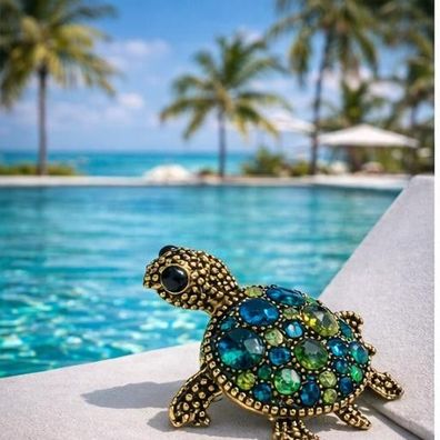 Vintage Emaille Brosche farbenfrohe Schildkröte mit grünen Strasssteinen