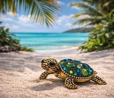Vintage Emaille Brosche farbenfrohe Schildkröte mit grünen Strasssteinen