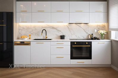 Küchenzeile Siena 270 cm MDF Weiß Hochglanz- Küche, Küchenblock 2,7m, Einbauküche