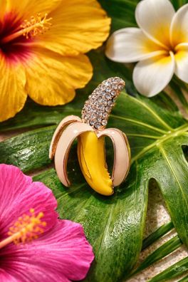 Vintage Emaille Brosche Banane mit Strasssteinen