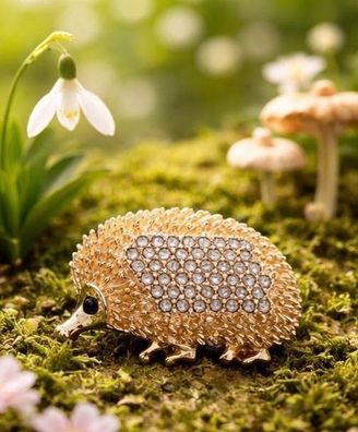 Vintage Emaille Brosche Igel mit Strasssteinen