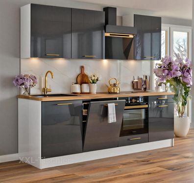 Küchenzeile Axis 240 cm DW Grau Hochglanz/Weiß Matt- Küche, Küchenblock 2,4m