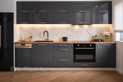 Küchenzeile Siena 270 cm MDF Grau Hochglanz- Küche, Küchenblock 2,7m, Einbauküche