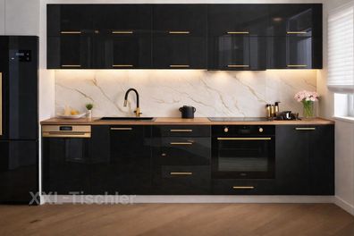 Küchenzeile Siena 270 cm MDF Schwarz Hochglanz- Küche, Küchenblock 2,7m, Einbauküche