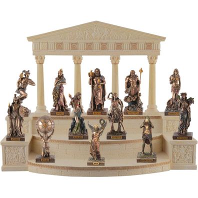 Tempel des Olymp Display mit 12 griechischen Götterfiguren in bronze-coloriert