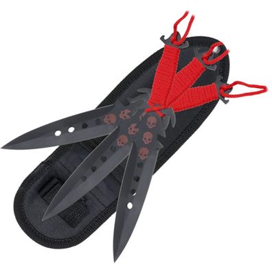 3er Wurfmesser Set rote Totenköpfe mit Scheide