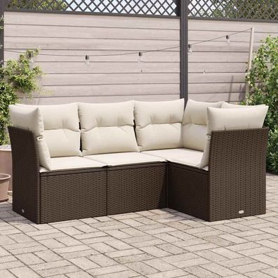 vidaXL 4-tlg. Garten-Sofagarnitur mit Kissen Braun Poly Rattan
