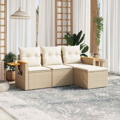 vidaXL 4-tlg. Garten-Sofagarnitur mit Kissen Beige Poly Rattan