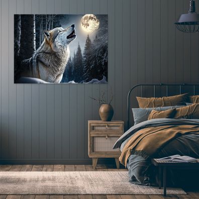 Leinwandbild Wolf Wald Mond Grau Leinwand Bilder Wanddeko Wohnzimmer Schlafzimmer