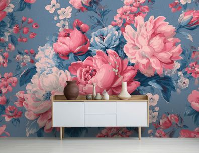 Vlies Fototapete Blumen Rosa Blau TAPETE XXL Wohnzimmer Schlafzimmer