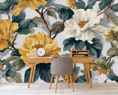 Vlies Fototapete Blumen Weiß GelbTAPETE XXL Wohnzimmer Schlafzimmer