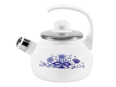 KARL KRÜGER Flötenkessel Zwiebelmuster emailliert 18cm Ø21cm weiß blau