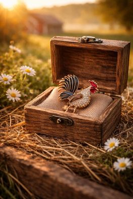 Vintage Emaille Brosche Hahn mit Strasssteinen