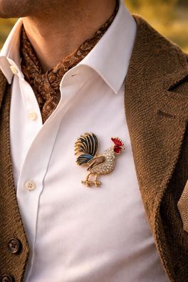 Vintage Emaille Brosche Hahn mit Strasssteinen