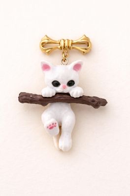 Vintage Emaille Brosche Katze mit Strasssteinen