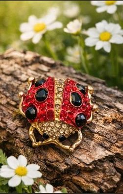 Vintage Emaille Brosche Marienkäfer mit Strasssteinen