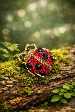 Vintage Emaille Brosche Marienkäfer mit Strasssteinen