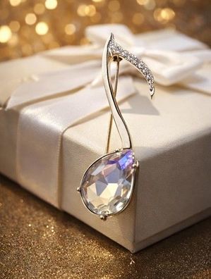 Vintage Emaille Brosche Musiknote mit Strasssteinen