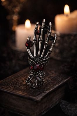 Vintage Emaille Brosche Skelett Hand mit Strasssteinen